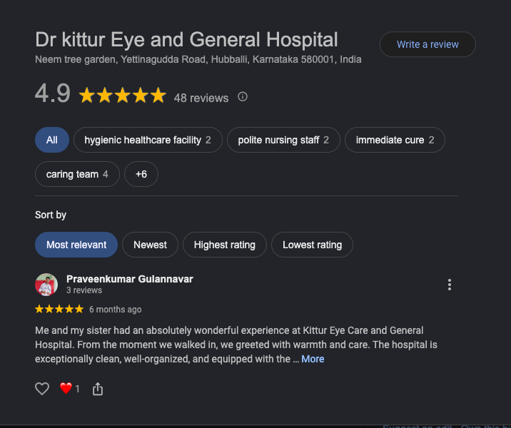 Dr. Kittur Eye & General Hospital building exterior, Dharwad — 20-bed multi-specialty hospital